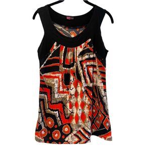 Agenda Abstract Print Tank Top‎ Black Orange Multi Women’s Size Large